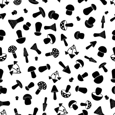 Mantarlı kusursuz desen. Beyaz arka planda siyah mantar ikonu. Düz stil mantar koleksiyonu. Kumaş, ambalaj kağıdı, ambalaj kağıdı, duvar kağıdı üzerine baskı için tasarlandı. Vektör illüstrasyonu