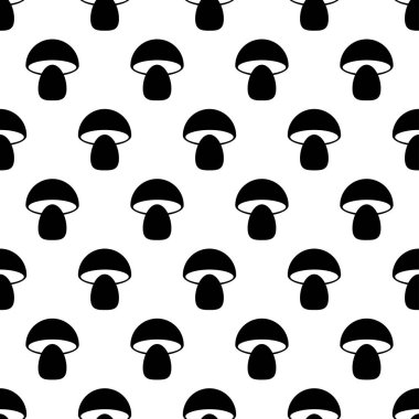 Mantarlı kusursuz desen. Beyaz arka planda siyah mantar ikonu. Düz bir şekilde izole edilmiş mantar. Kumaş, ambalaj kağıdı, ambalaj, duvar kağıdı üzerine baskı için dizayn. Vektör illüstrasyonu