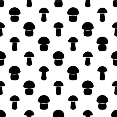 Mantarlı kusursuz desen. Beyaz arka planda siyah mantar ikonu. Düz stil mantar koleksiyonu. Kumaş, ambalaj kağıdı, ambalaj kağıdı, duvar kağıdı üzerine baskı için tasarlandı. Vektör illüstrasyonu