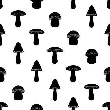 Mantarlı kusursuz desen. Beyaz arka planda siyah mantar ikonu. Düz stil mantar koleksiyonu. Kumaş, ambalaj kağıdı, ambalaj kağıdı, duvar kağıdı üzerine baskı için tasarlandı. Vektör illüstrasyonu