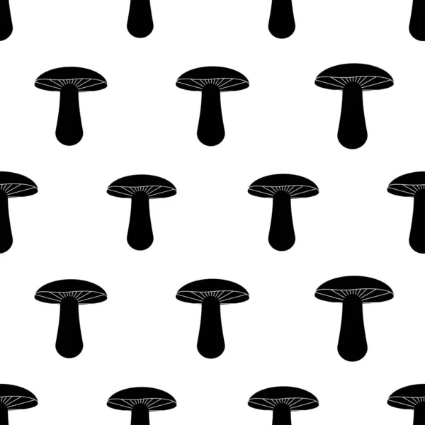 キノコとのシームレスなパターン 白い背景にキノコの黒いアイコン 平らなスタイルで隔離されたシンボルキノコ 布にプリント 包装紙 壁紙のためのデザイン — ストックベクタ
