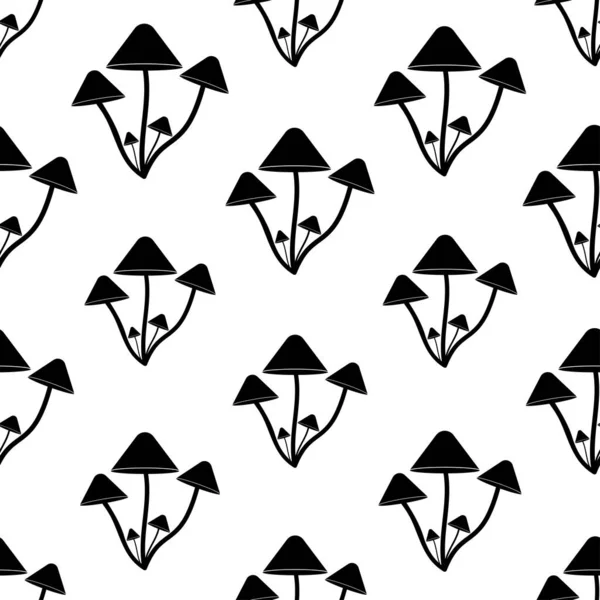キノコとのシームレスなパターン 白い背景にキノコの黒いアイコン 平らなスタイルで隔離されたシンボルキノコ 布にプリント 包装紙 壁紙のためのデザイン — ストックベクタ