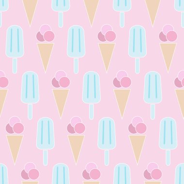 Dondurma izi yok. Beyaz çizgili yassı ikon dondurma. Dondurmalı yaz tatili. Kumaş, ambalaj kağıdı, duvar kağıdı, ambalaj için modern tasarım. Vektör illüstrasyonu