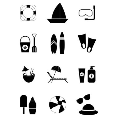 Yaz ikonu seti. Plaj ikonu düz dizayn edildi. Tatil simgesi koleksiyonu beyaz arkaplanda izole edildi. Yelkenli, şezlong, sörf tahtası, palet, kokteyl. Web için vektör illüstrasyonu