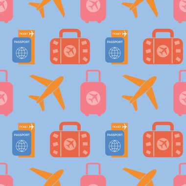 Uçak ve bagaj ile kusursuz desen. Retro renk paletinde gezici simgeler. Düz tasarımla seyahat edin. Kumaş, ambalaj kağıdı ve ambalaj için tasarım. Vektör illüstrasyonu