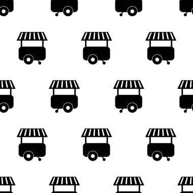 Yemek kamyonu kusursuz. Fast food burcu. Menü barı ve kafeterya için yemek karavanı tasarımı. Sokak yemeği ikonu. Baskı kağıdı, duvar kağıdı, ambalaj, kumaş tasarımı. Vektör illüstrasyonu