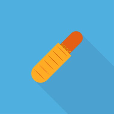 Uzun gölgeli sosisli sandviç ikonu. Mavi arka planda izole edilmiş ikon Fransız sosislisi. Sokak yemeği ikonu. Menü kafeteryası, bar, restoran için fast food logosu. Düz tasarımda vektör illüstrasyonu