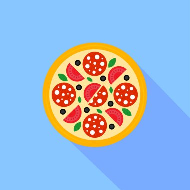Uzun gölgeli pizza ikonu. Düz dizaynlı renkli pizza ikonu. Mavi arka planda izole edilmiş sokak yiyecekleri ikonu. Logo pizza menü pizzacısı, kafeterya. Web tasarımı için vektör illüstrasyonu
