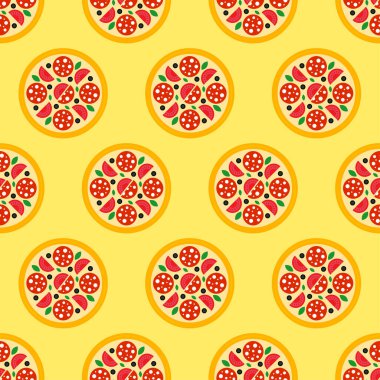 Pizzalar kusursuz. Sarı arka planda salamlı pizza ikonu. Düz dizaynlı fast food ikonu. Ambalaj kağıdı, duvar kağıdı, kumaş ve paketleme üzerine baskı için modern tasarım. Vektör illüstrasyonu