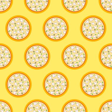 Pizzalar kusursuz. Sarı arka planda renkli pizza ikonu. Düz dizaynlı fast food ikonu. Ambalaj kağıdı, duvar kağıdı, kumaş ve paketleme üzerine baskı için modern tasarım. Vektör illüstrasyonu