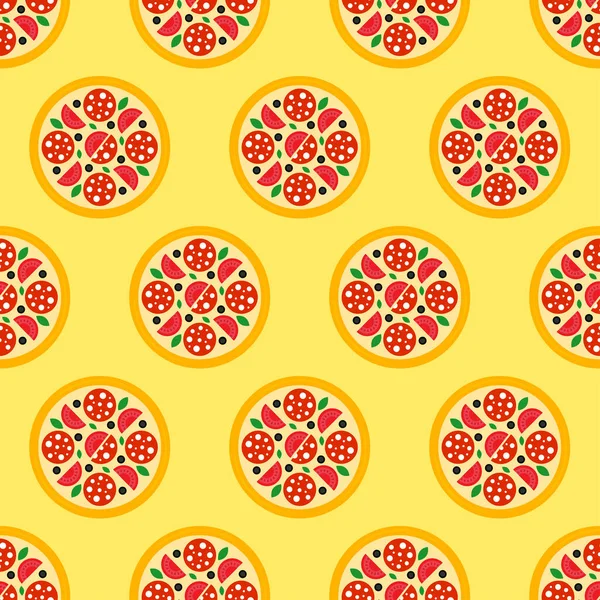 Pizza Seamless Pattern Salami Pizza Icon Yellow Background Fast Food — 스톡 벡터