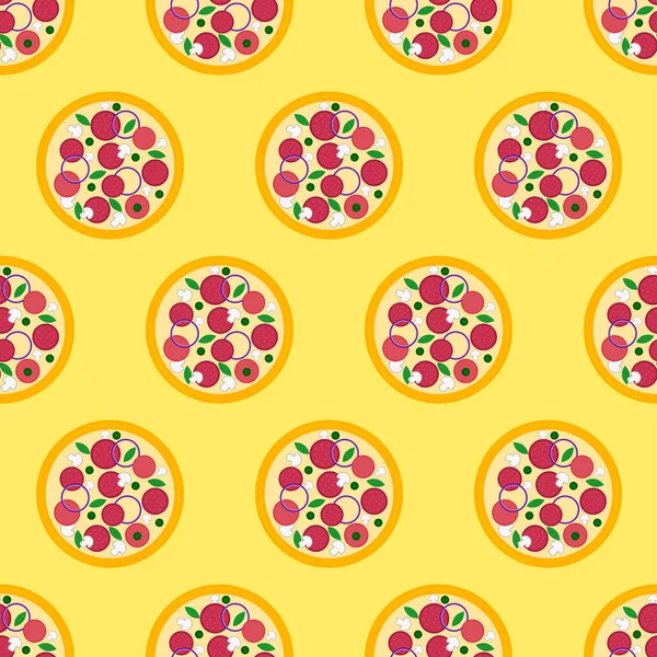 Пицца Бесшовная Модель Значок Цветной Пиццы Желтом Фоне Икона Быстрого — стоковый вектор
