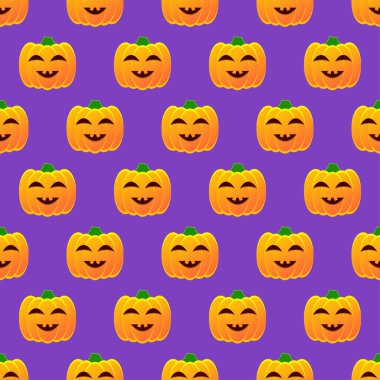 Halloween pumpkin seamless pattern. Colorful halloween pumpkin lanterns on purple background. Halloween background with funny face pumpkin. Design for print wrapping paper, fabric. Vector illustration