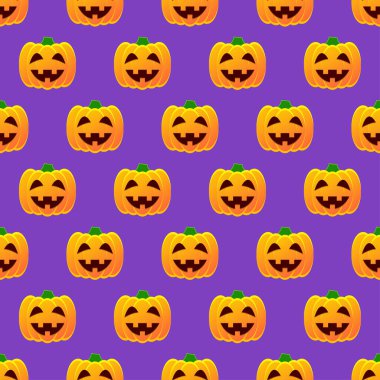 Halloween pumpkin seamless pattern. Colorful halloween pumpkin lanterns on purple background. Halloween background with funny face pumpkin. Design for print wrapping paper, fabric. Vector illustration
