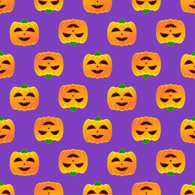 Halloween pumpkin seamless pattern. Colorful halloween pumpkin lanterns on purple background. Halloween background with funny face pumpkin. Design for print wrapping paper, fabric. Vector illustration