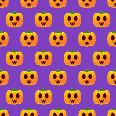 Halloween pumpkin seamless pattern. Colorful halloween pumpkin lanterns on purple background. Halloween background with funny face pumpkin. Design for print wrapping paper, fabric. Vector illustration