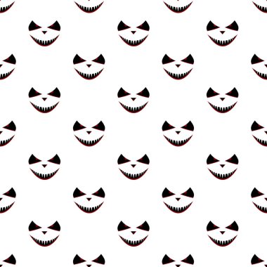 Halloween pumpkins faces seamless pattern. Black silhouette  carved face pumpkin on white background. Halloween party background. Design for wrapping paper, wallpaper, fabric. Vector illustration