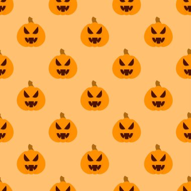 Halloween pumpkin seamless pattern. Halloween pumpkin lanterns on yellow background. Halloween background with orange pumpkin. Design for print wrapping paper, wallpaper, fabric. Vector illustration