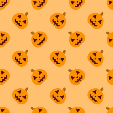 Halloween pumpkin seamless pattern. Halloween pumpkin lanterns on yellow background. Halloween background with orange pumpkin. Design for print wrapping paper, wallpaper, fabric. Vector illustration