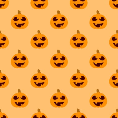 Halloween pumpkin seamless pattern. Halloween pumpkin lanterns on yellow background. Halloween background with orange pumpkin. Design for print wrapping paper, wallpaper, fabric. Vector illustration