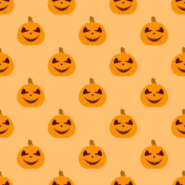 Halloween pumpkin seamless pattern. Halloween pumpkin lanterns on yellow background. Halloween background with orange pumpkin. Design for print wrapping paper, wallpaper, fabric. Vector illustration