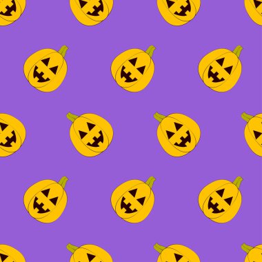Halloween pumpkins seamless pattern. Halloween pumpkin lanterns on purple background. Halloween background. Jack-o'-lantern. Design for print wrapping paper, fabric, wallpaper. Vector illustration