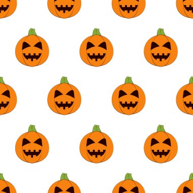 Halloween pumpkins seamless pattern. Halloween pumpkin lanterns on white background. Halloween background. Jack-o'-lantern. Design for print wrapping paper, fabric, wallpaper. Vector illustration