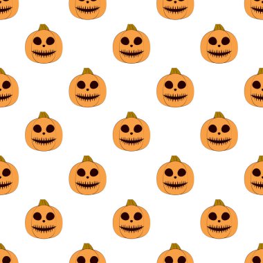 Halloween pumpkins seamless pattern. Halloween pumpkin lanterns on white background. Halloween background. Jack-o'-lantern. Design for print wrapping paper, fabric, wallpaper. Vector illustration