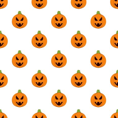 Halloween pumpkins seamless pattern. Halloween pumpkin lanterns on white background. Halloween background. Jack-o'-lantern. Design for print wrapping paper, fabric, wallpaper. Vector illustration