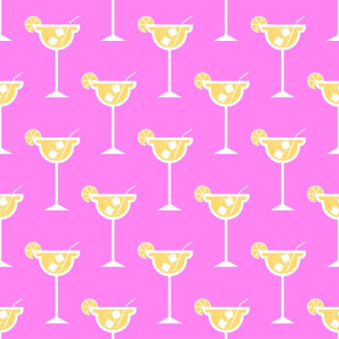 Cocktail seamless pattern. Icons of alcohol drink with cocktail straw and slice lemon. Cocktail party background. Modern design for print on wrapping paper, wallpaper, packaging. Vector illustration
