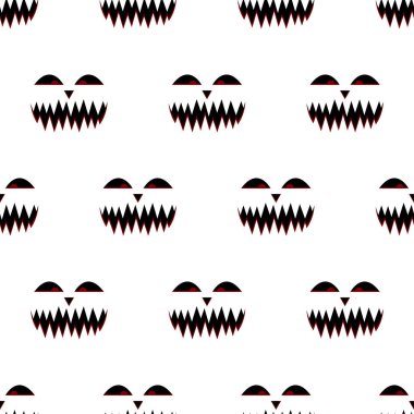 Halloween pumpkins faces seamless pattern. Black silhouette  carved face pumpkin on white background. Halloween party background. Design for wrapping paper, wallpaper, fabric. Vector illustration