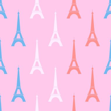 France seamless pattern. Romantic pattern with eiffel tower. Symbol France in national color. Design for print on wallpaper, packing, wrapping paper, fabric, travel brochures. Vector illustration