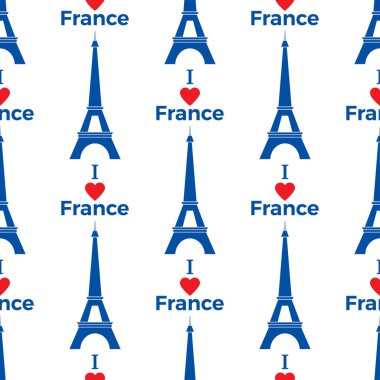France seamless pattern. Romantic pattern with eiffel tower. Symbol France in national color. Design for print on wallpaper, packing, wrapping paper, fabric, travel brochures. Vector illustration