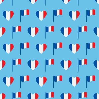 Flag france seamless pattern. Symbol heart in national color France. France pattern with colorful heart, flag. Patriotic design for print on wallpaper, wrapping paper, fabric. Vector illustration