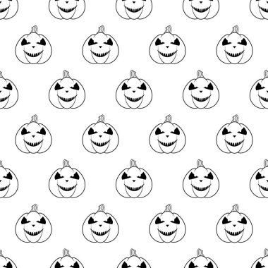 Halloween pumpkins seamless pattern. Halloween party background with pumpkins. Halloween background with pumpkin lanterns. Design for print wrapping paper, wallpaper, fabric. Vector illustration