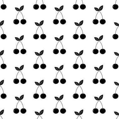 Cherry seamless pattern. Black sign wild berries on white background. Cherries icon. Summer background with berries. Design for print on wrapping paper, packaging, fabric. Vector illustration