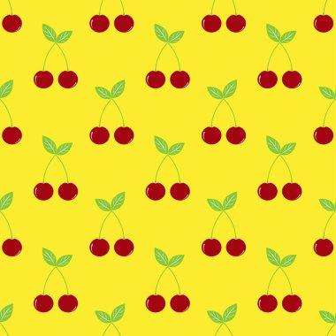 Cherry seamless pattern. Color sign wild berries on yellow background. Colorful cherry icon. Summer background with berries. Design for print on wrapping paper, packaging, fabric. Vector illustration