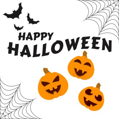 Happy halloween banner with pumpkins, spider web, bats. Happy Halloween text for greeting cards, invitations, posters, banners. Happy Halloween lettering on white background. Vector illustration