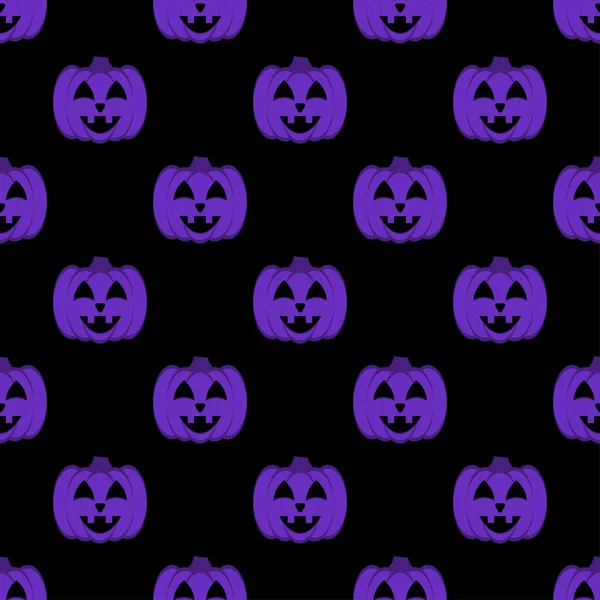 ハロウィンカボチャのシームレスなパターン 黒の背景に紫のシルエットハロウィンカボチャ 彫刻の顔を持つハロウィンの背景 包装紙 ファブリックのためのデザイン ベクターイラスト — ストックベクタ