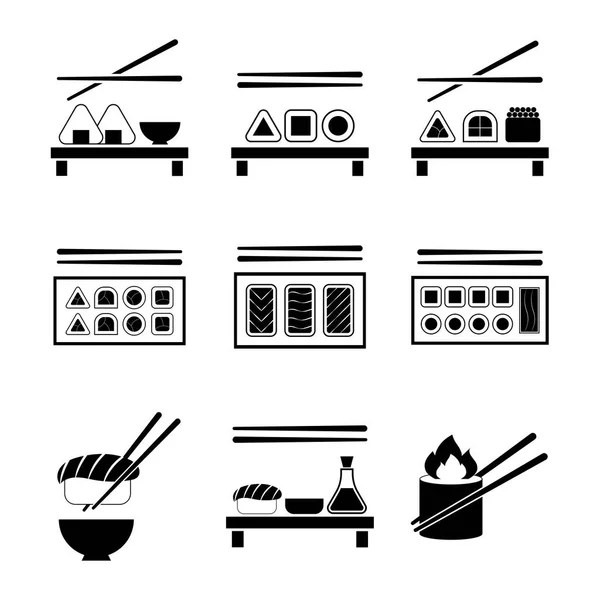 寿司アイコンセット 種類の異なる寿司プレート 平たいデザインの日本の伝統料理 寿司ロールは白い背景に隔離されています メニュー寿司バー レストラン ウェブサイトのテンプレート ベクターイラスト — ストックベクタ
