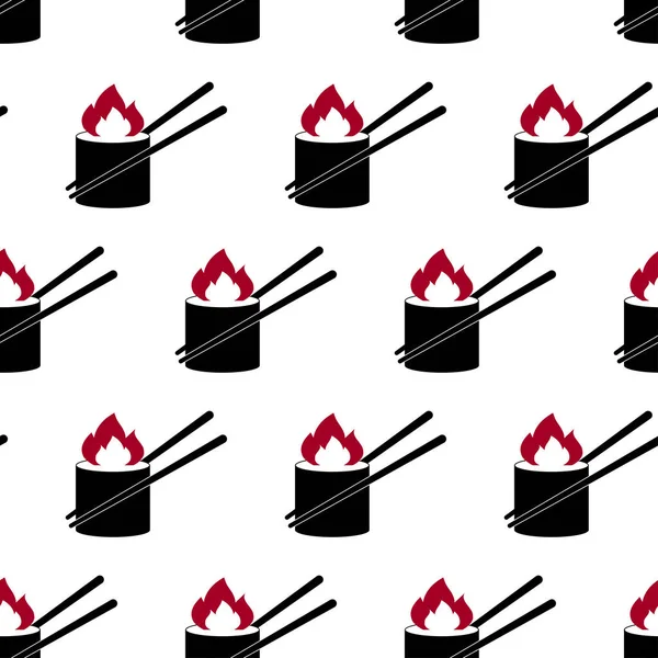 炎と寿司のシームレスなパターン アイコンホット寿司ロール 平たいデザインの日本の伝統料理 日本料理 包装紙 梱包のための東洋のデザイン ベクターイラスト — ストックベクタ