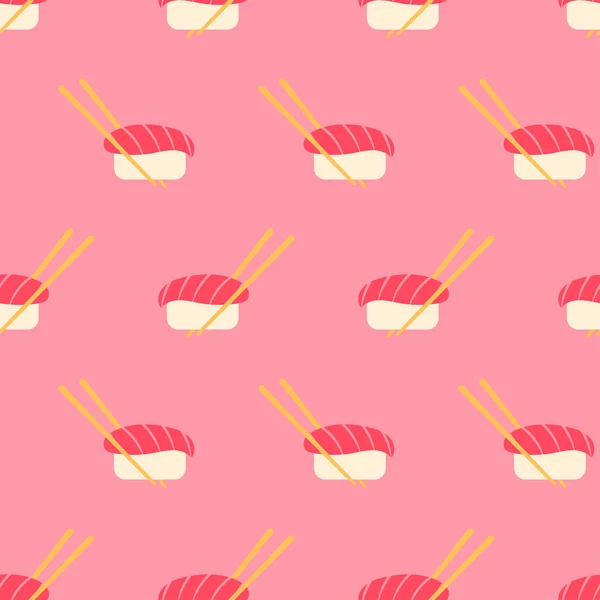 寿司のシームレスなパターン 棒で寿司ロール 平たいデザインの日本の伝統料理 日本料理 包装紙 梱包のための東洋のデザイン ベクターイラスト — ストックベクタ