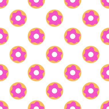 Donutlar pürüzsüz desen. Beyaz arka planda pembe kremalı ikon çörekler. Paket yemek konsepti. Tatlı jöleli çörekler. Duvar kâğıdına, ambalaj kağıdına, kumaşa baskı yapmak için hoş bir tasarım. Vektör illüstrasyonu