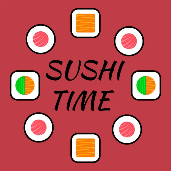寿司タイムバナー 赤を基調とした寿司ロゴ アイコン寿司ロール異なるタイプ 平たいデザインの日本の伝統料理 ポスター寿司バー ウェブサイトのための東洋のテンプレート ベクターイラスト — ストックベクタ