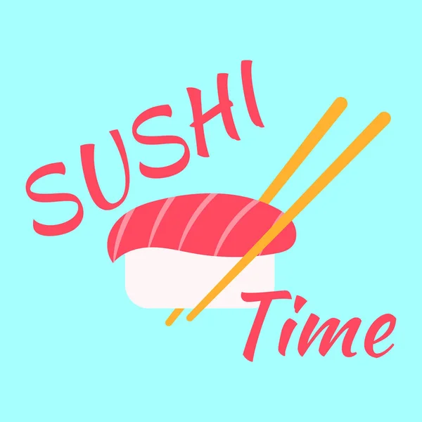 寿司タイムバナー 寿司のテキストへの時間 青を基調とした箸で寿司のロゴ 日本の伝統料理 ポスター寿司バー ウェブサイト 配信のためのオリエンタルテンプレート ベクターイラスト — ストックベクタ