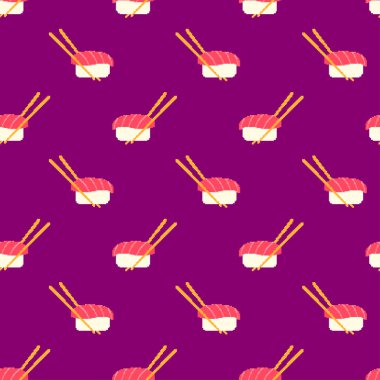Piksel suşi kusursuz desen. Çubuklu 8-bit suşi rulosu. Pikselin geleneksel Japon yemekleri. Japon mutfağı. Kumaş, duvar kâğıdı, ambalaj kağıdı ve paketleme için doğulu tasarım. Vektör illüstrasyonu