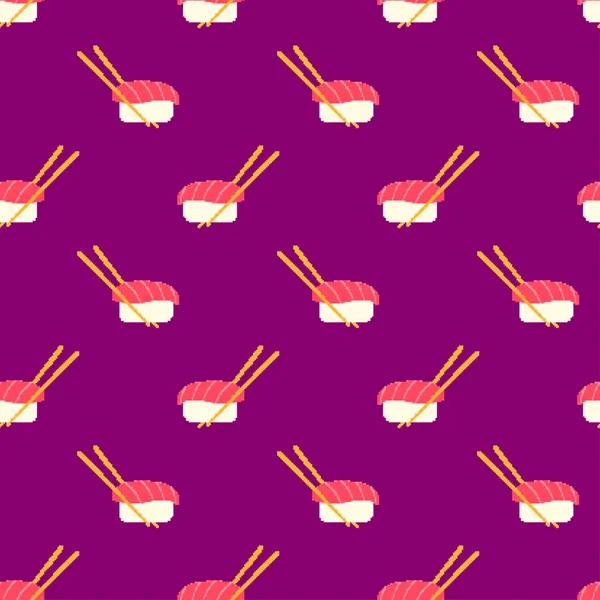 Pixel Sushi Patrón Sin Costuras Rollo Sushi Bits Con Palillos — Vector de stock