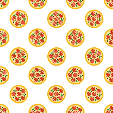 Piksel pizzanın kusursuz deseni. Salamlı 8 paralık pizza. Pikseller düz dizaynlı fast food ikonu. Pizza tabelası eski moda. Kumaş, duvar kâğıdı, ambalaj kağıdı, paketleme için tasarım. Vektör illüstrasyonu