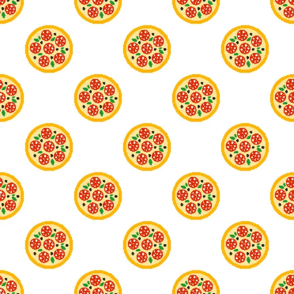 Піксельна Піца Безшовний Візерунок Бітова Піца Салямі Піксельне Мистецтво Значок — стоковий вектор