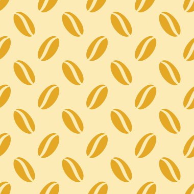 Kahve çekirdekleri pürüzsüz. Geçmişe dönük kahve fonu. Altın rengi kahve çekirdeği. Ambalaj kağıdı, duvar kağıdı, ambalaj, menü üzerine baskı için kafe tasarımı. Vektör illüstrasyonu